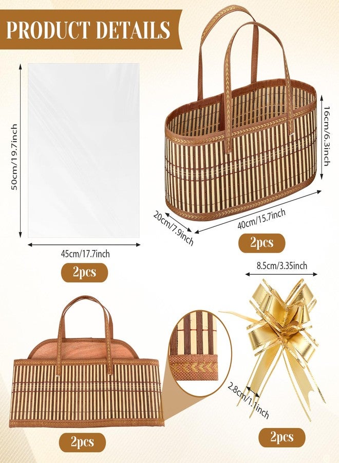 Reallnaive Woven Baskets for Gifts Empty Large Bamboo Gift Baskets with Handle Cellophane Wrap Bag and Pull Flower Ribbon Sturdy Foldable Gift Packages for Birthday Wedding Favor Wrapping - Image 2