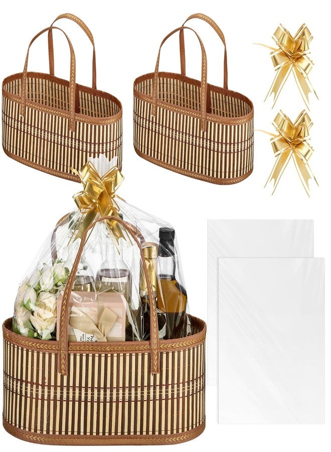 Reallnaive Woven Baskets for Gifts Empty Large Bamboo Gift Baskets with Handle Cellophane Wrap Bag and Pull Flower Ribbon Sturdy Foldable Gift Packages for Birthday Wedding Favor Wrapping - Image 1