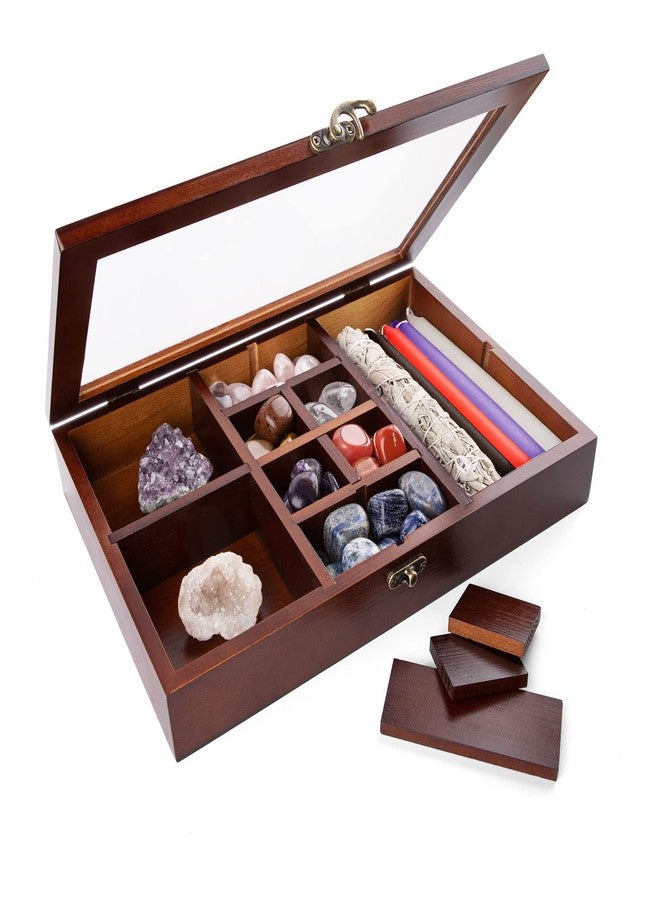 Mooncraftlogy Adjustable Rock Display Case, Crystal Collection Box with Shelves, Wood Witchy Stones Organizer Storage,Gem Holder with Lid for Seashell, Collectibles, Wiccan Gift (Brown) - Image 1