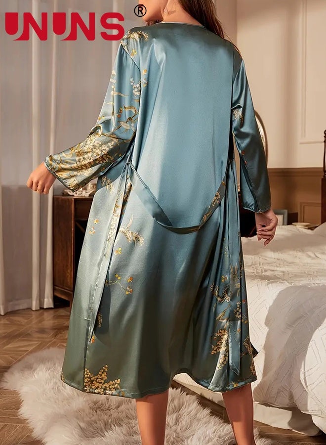 UNUNS روب استحمام ساتان، روبات نسائية، روب ساتان بنمط زهور ذهبية، فساتين نوم، بيجامات ساتان، بيجامات، فساتين ليلية، روبات ساتان حريرية لملابس الاسترخاء الصيفية، أزرق-أخضر، L - Image 5