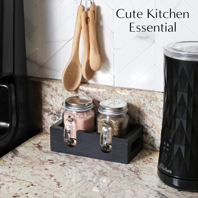 CB Accessories Mason Jar Salt and Pepper Shakers - Glass Shaker Set with Wood Holder Caddy, Easy to Clean & Refill for Farmhouse Kitchen Table, Home and Gifts (Black) - Image 5