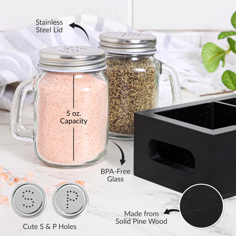 CB Accessories Mason Jar Salt and Pepper Shakers - Glass Shaker Set with Wood Holder Caddy, Easy to Clean & Refill for Farmhouse Kitchen Table, Home and Gifts (Black) - Image 3