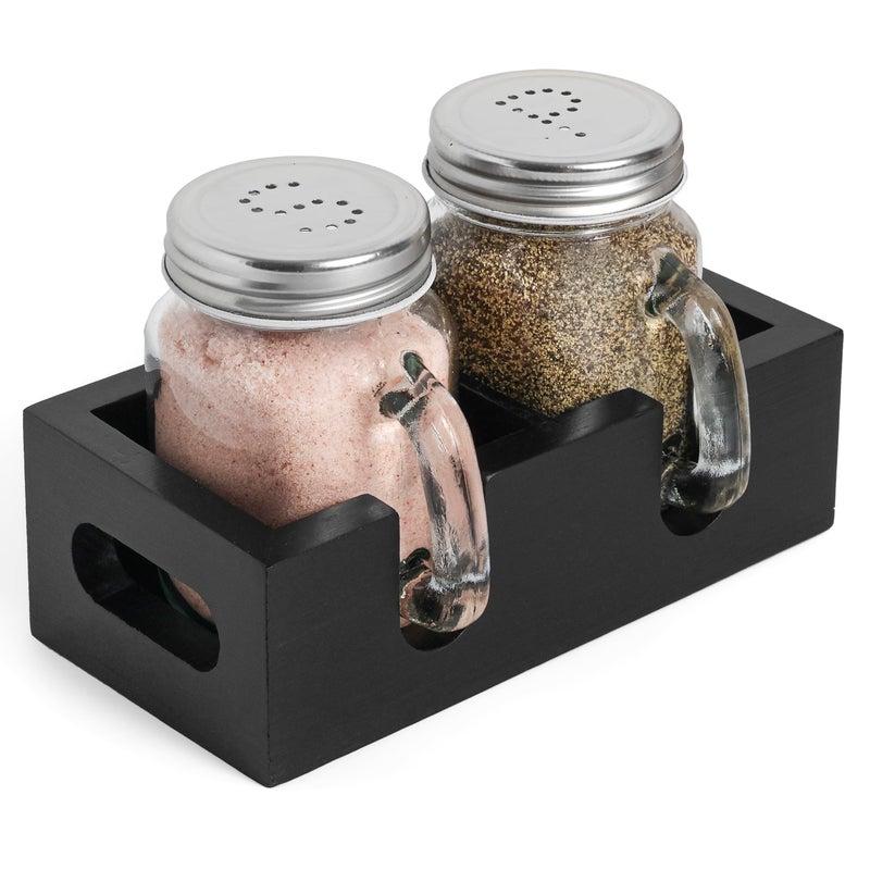 CB Accessories Mason Jar Salt and Pepper Shakers - Glass Shaker Set with Wood Holder Caddy, Easy to Clean & Refill for Farmhouse Kitchen Table, Home and Gifts (Black) - Image 1
