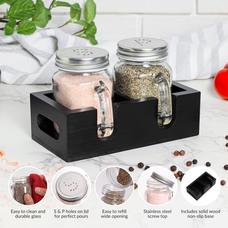 CB Accessories Mason Jar Salt and Pepper Shakers - Glass Shaker Set with Wood Holder Caddy, Easy to Clean & Refill for Farmhouse Kitchen Table, Home and Gifts (Black) - Image 2