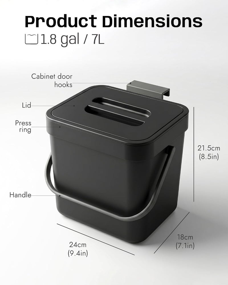 MONGTINGLU Countertop Compost Bin Kitchen, 1.8 Gallons Hanging Trash Can with Lid for Kitchen Cabinet Door, Under Sink, Wall Mounted Waste Bin for Bathroom, 7L(Black) - Image 2