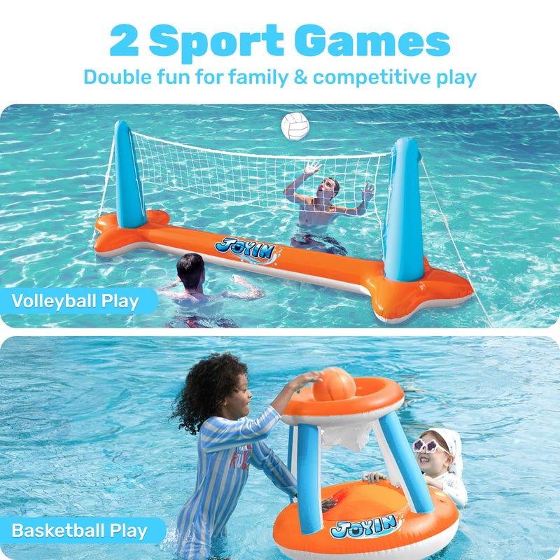 JOYIN Inflatable Pool Float Set Volleyball Net  Basketball Hoops Floating Swimming Game Toy for Kids and Adults Summer Floaties Volleyball Court 105x28x38Basketball 276x23LOrange - Image 3