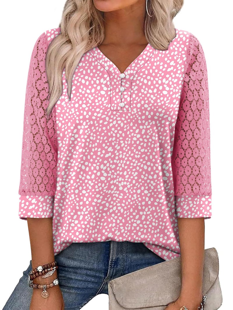 CRAZY GRID Long Sleeve Shirts for Women V Neck with Buttons Casual Fall Fashion Lace Blouses Basic Tunic Tops Dressy Work Clothes Pink Small - Image 2