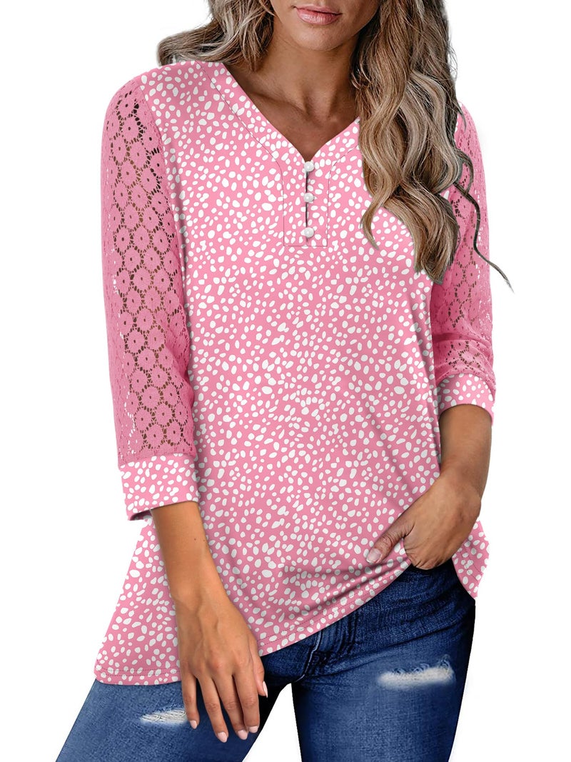 CRAZY GRID Long Sleeve Shirts for Women V Neck with Buttons Casual Fall Fashion Lace Blouses Basic Tunic Tops Dressy Work Clothes Pink Small - Image 4