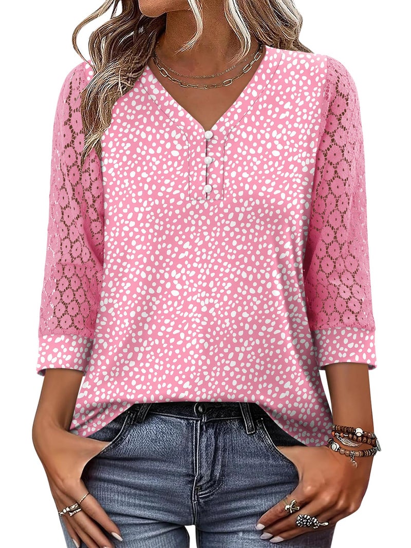 CRAZY GRID Long Sleeve Shirts for Women V Neck with Buttons Casual Fall Fashion Lace Blouses Basic Tunic Tops Dressy Work Clothes Pink Small - Image 1