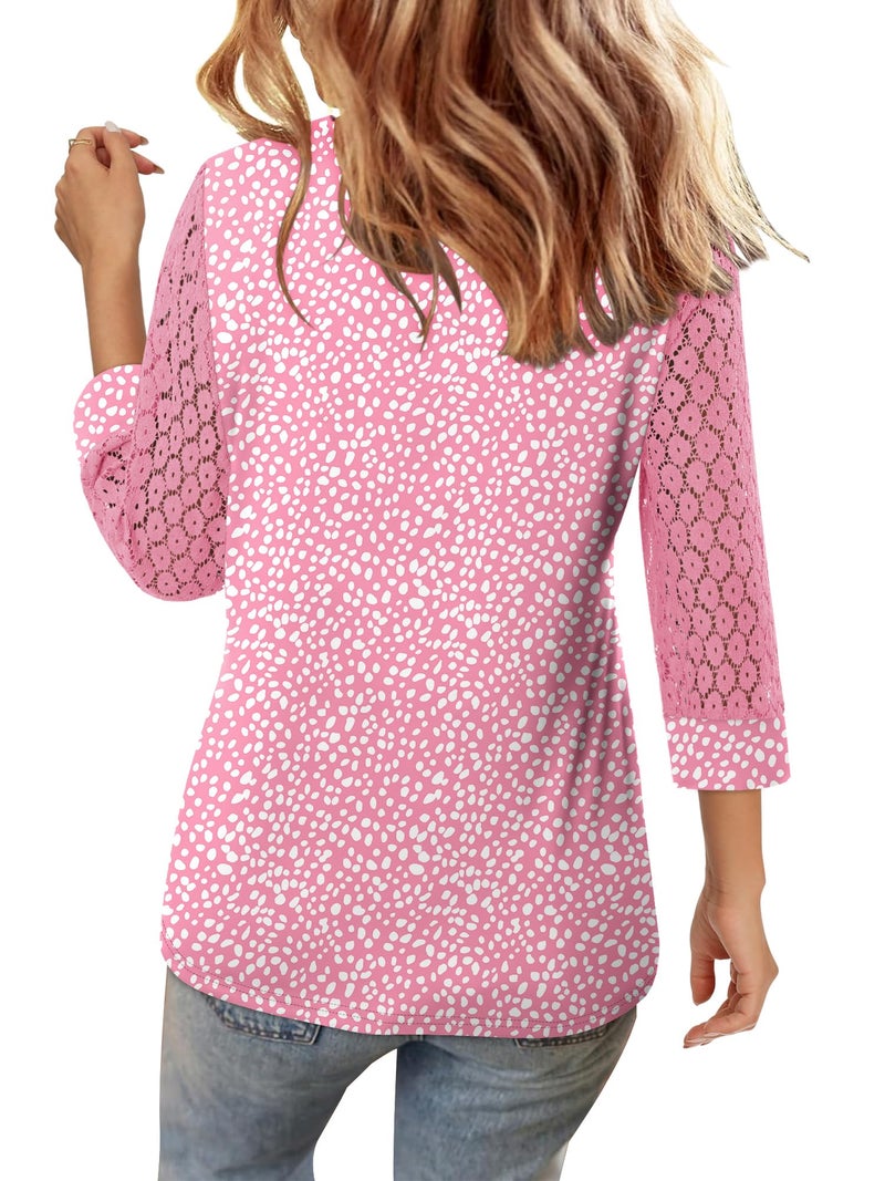 CRAZY GRID Long Sleeve Shirts for Women V Neck with Buttons Casual Fall Fashion Lace Blouses Basic Tunic Tops Dressy Work Clothes Pink Small - Image 5