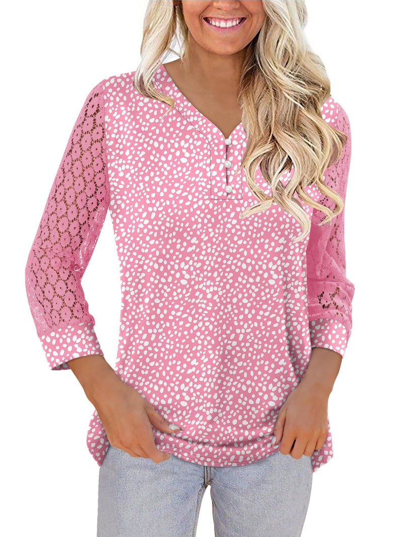CRAZY GRID Long Sleeve Shirts for Women V Neck with Buttons Casual Fall Fashion Lace Blouses Basic Tunic Tops Dressy Work Clothes Pink Small - Image 3
