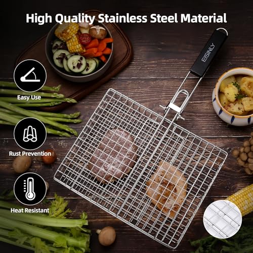 Eisinly Portable Grill Basket, EISINLY BBQ Grilling Basket for Outdoor Grill with Removable Handle, Stainless Steel Camping Cooking Grill Accessories for Chicken Fish Vegetable - Image 2