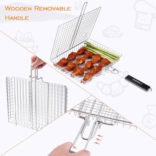 Eisinly Portable Grill Basket, EISINLY BBQ Grilling Basket for Outdoor Grill with Removable Handle, Stainless Steel Camping Cooking Grill Accessories for Chicken Fish Vegetable - Image 4