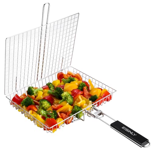 Eisinly Portable Grill Basket, EISINLY BBQ Grilling Basket for Outdoor Grill with Removable Handle, Stainless Steel Camping Cooking Grill Accessories for Chicken Fish Vegetable - Image 1