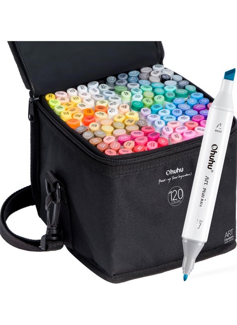 Ohuhu Based Art Markers - Double Tipped Coloring Marker Set for Adults Coloring Students Beginners Sketching Illustration - 120 Colors - Chisel & Fine - Oahu of Ohuhu Markers - Refillable Ink