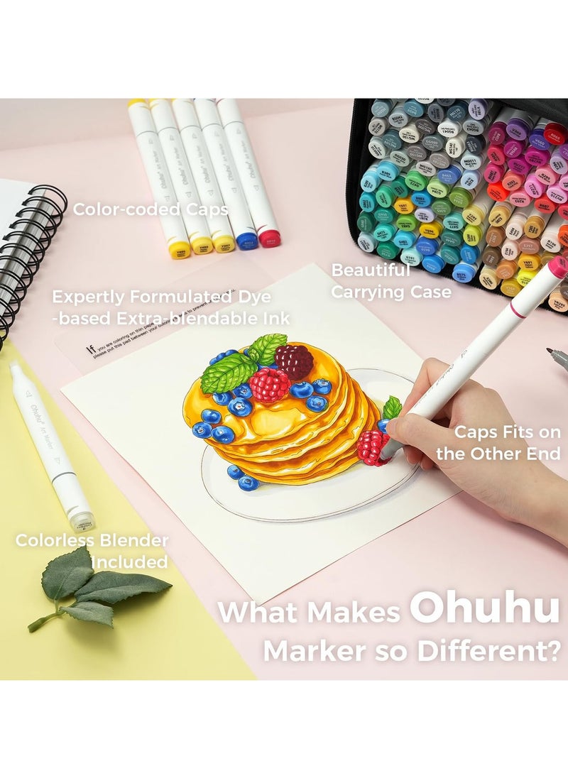 Ohuhu Based Art Markers - Double Tipped Coloring Marker Set for Adults Coloring Students Beginners Sketching Illustration - 120 Colors - Chisel & Fine - Oahu of Ohuhu Markers - Refillable Ink