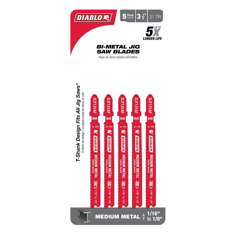 Diablo Bi-Metal Jig Saw Blades for Medium Metal - 3-5/8", 21 TPI, 5-Pack - DJT121AF5 - Image 2