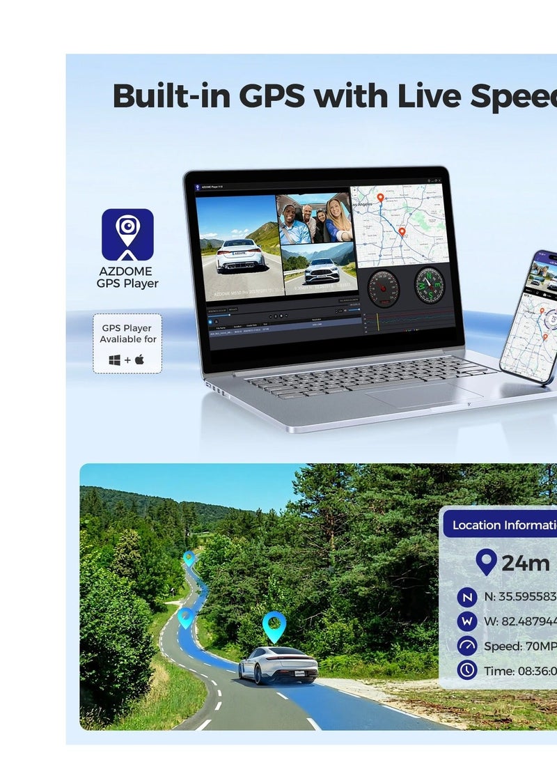 أزدوم كاميرا القيادة AZDOME M550 Pro بدقة 4K مع حامل كاميرا خلفية | واي فاي 5.8GHz | نظام GPS | زاوية رؤية 150° | مراقبة أثناء الوقوف على مدار 24 ساعة | جهاز تسجيل فيديو للسيارة | دعم قناتين  | تتبع المسار - Image 3