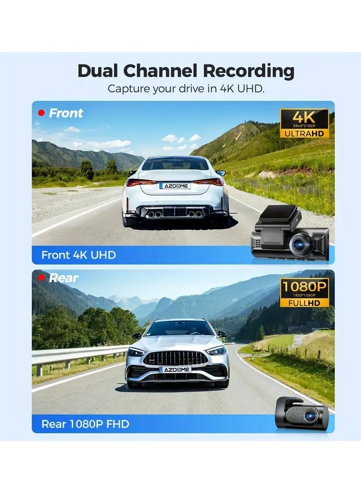 أزدوم كاميرا القيادة AZDOME M550 Pro بدقة 4K مع حامل كاميرا خلفية | واي فاي 5.8GHz | نظام GPS | زاوية رؤية 150° | مراقبة أثناء الوقوف على مدار 24 ساعة | جهاز تسجيل فيديو للسيارة | دعم قناتين  | تتبع المسار - Image 2