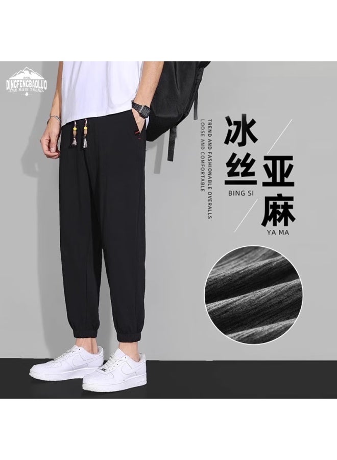Dingfengbaoluo Linen Casual Pants For Men, Autumn Trendy Loose-fit Athletic Joggers, Nine-tenths Length, Wx09 Black 3XL - Image 1