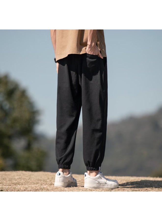Dingfengbaoluo Linen Casual Pants For Men, Autumn Trendy Loose-fit Athletic Joggers, Nine-tenths Length, Wx09 Black 3XL - Image 2