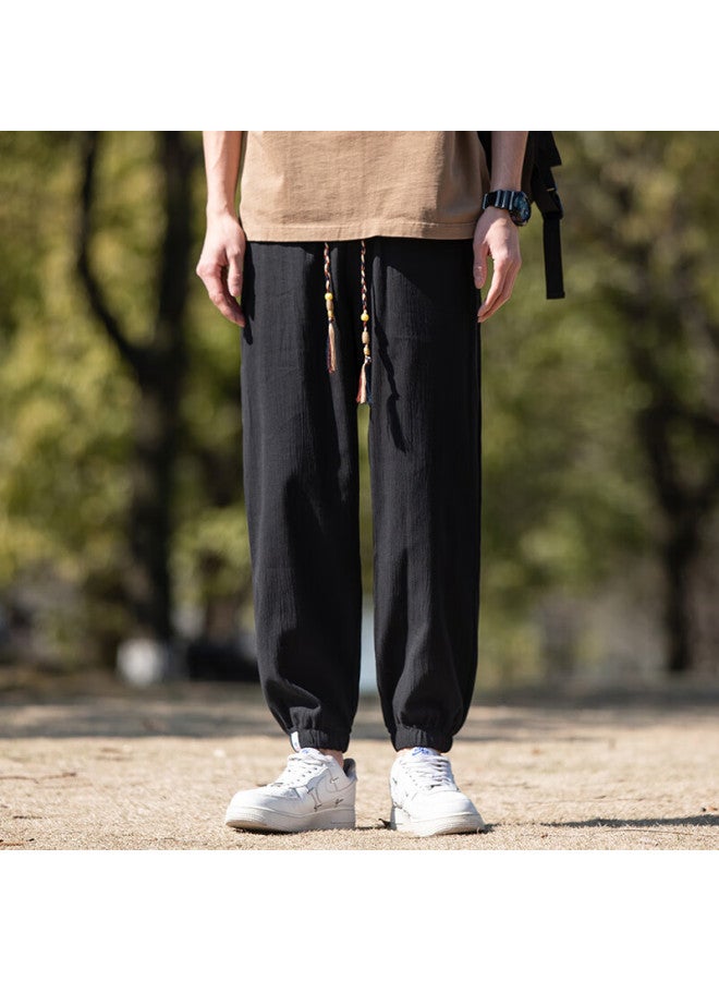 Dingfengbaoluo Linen Casual Pants For Men, Autumn Trendy Loose-fit Athletic Joggers, Nine-tenths Length, Wx09 Black 3XL - Image 3