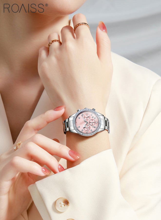 roaiss Luxury Chronograph Watch for Women, Stylish Casual Multifunctional Wristwatch, Pink Round Dial with Date, Luminous Waterproof Stainless Steel Watch, as Gift for Ladies - Image 2