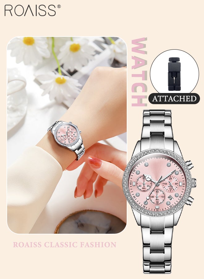 roaiss Luxury Chronograph Watch for Women, Stylish Casual Multifunctional Wristwatch, Pink Round Dial with Date, Luminous Waterproof Stainless Steel Watch, as Gift for Ladies - Image 1