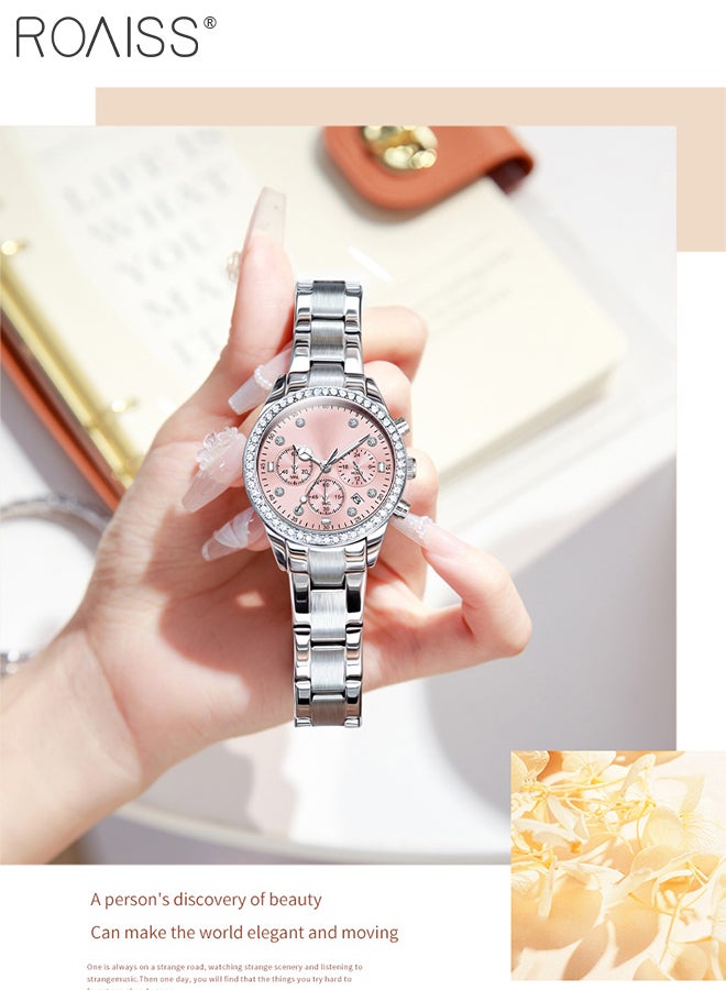 roaiss Luxury Chronograph Watch for Women, Stylish Casual Multifunctional Wristwatch, Pink Round Dial with Date, Luminous Waterproof Stainless Steel Watch, as Gift for Ladies - Image 3