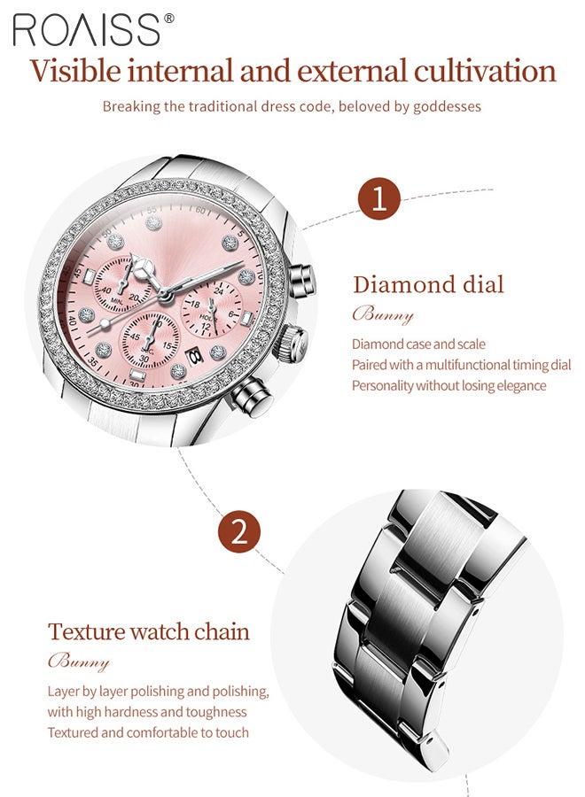 roaiss Luxury Chronograph Watch for Women, Stylish Casual Multifunctional Wristwatch, Pink Round Dial with Date, Luminous Waterproof Stainless Steel Watch, as Gift for Ladies - Image 5