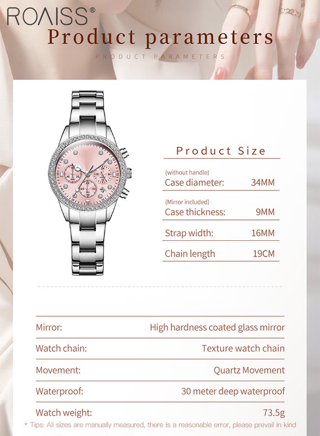 roaiss Luxury Chronograph Watch for Women, Stylish Casual Multifunctional Wristwatch, Pink Round Dial with Date, Luminous Waterproof Stainless Steel Watch, as Gift for Ladies - Image 4