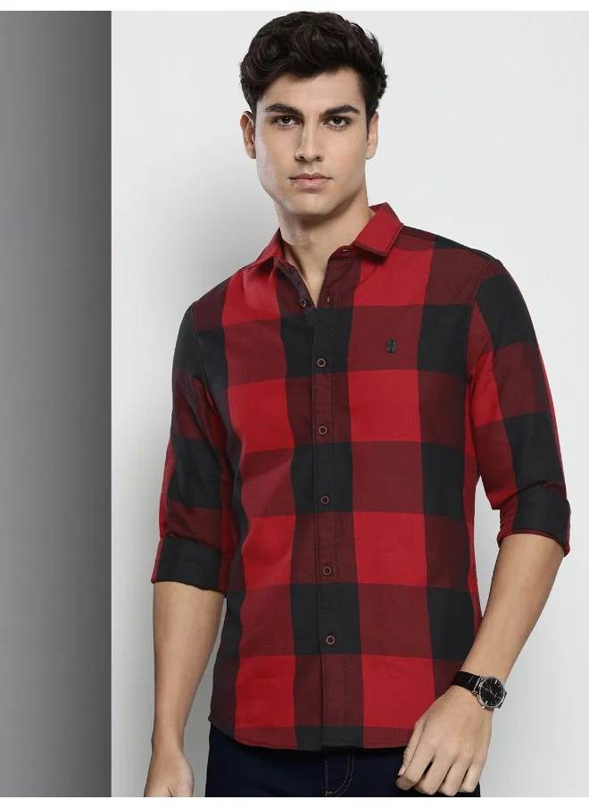 The Indian Garage Co Red Regular Fit Casual Checked Cutaway Collar Full Sleeves Cotton Shirt