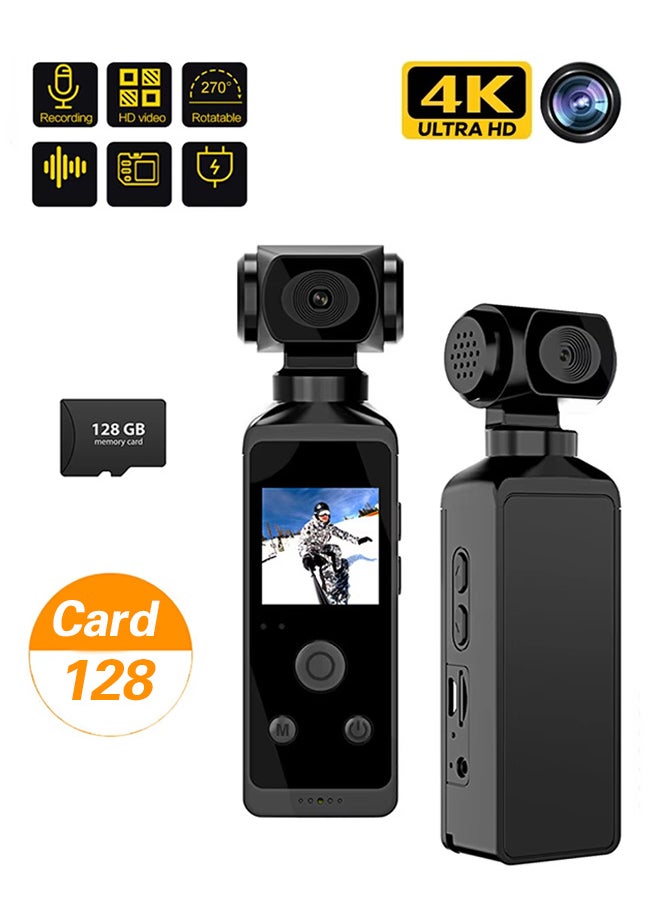Generic Handheld Action Camera, 4k 30FPS Video Camera, 1.3 Inch Screen, 270 Degree Rotating Lens, with 30M Water Proof Case, Portable Vlogging Camera for Photography Outdoor Riding Diving ,with 128G Card  - Image 1