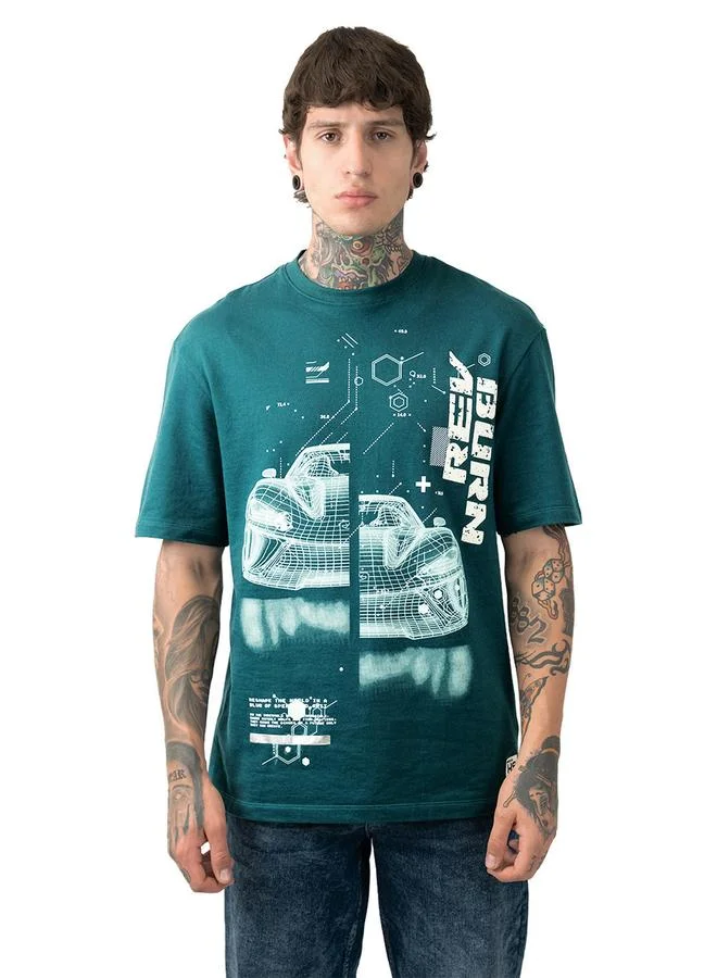 HIGH STAR Moto Racer Graphic Printed Round Neck Short Sleeves Relaxed Fit Cotton T-shirt