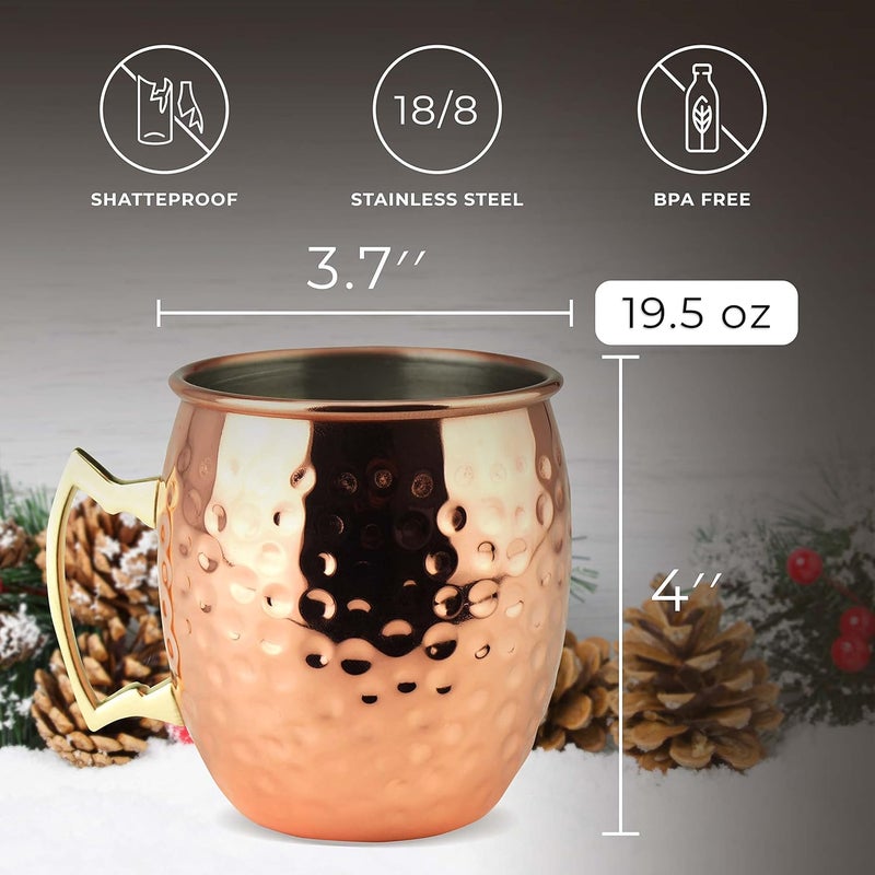 PG Moscow Mule Mugs | Large Size 19 ounces | Set of 4 Hammered Cups | Stainless Steel Lining | Pure Copper Plating | Gold Brass Handles | 3.7 inches Diameter x 4 inches Tall - Image 4
