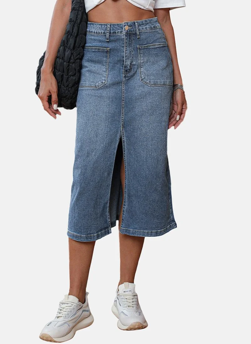 YUNIQEE Blue Plain Front Slit Midi Skirt