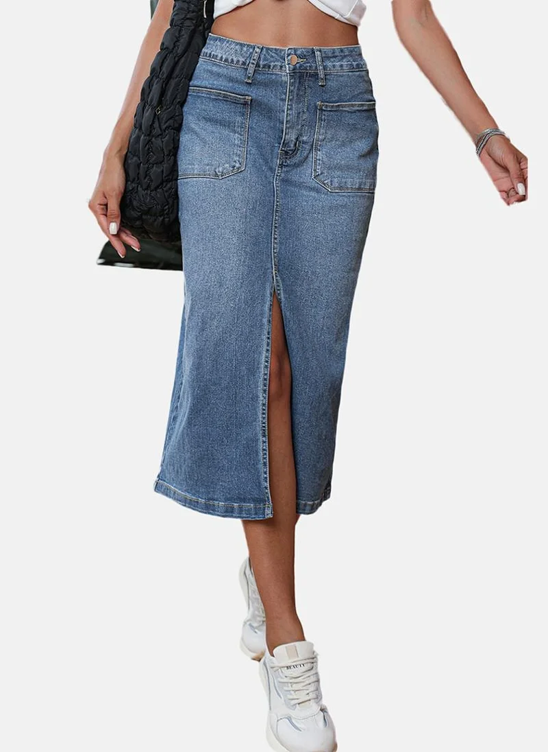 YUNIQEE Blue Plain Front Slit Midi Skirt