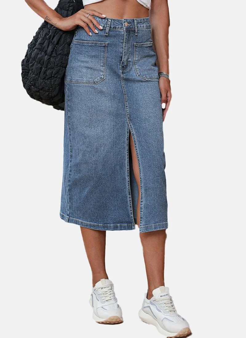 YUNIQEE Blue Plain Front Slit Midi Skirt