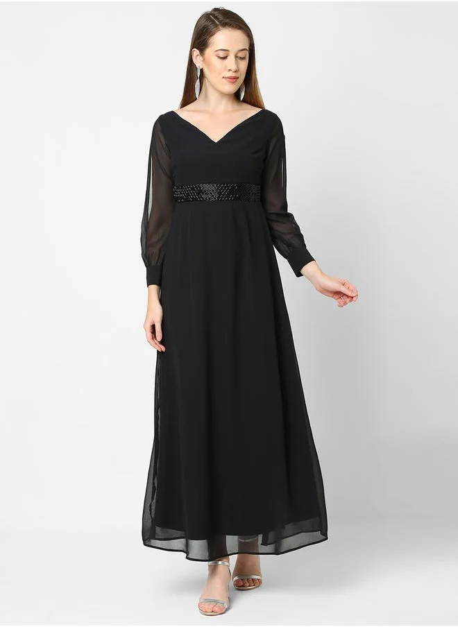 Mish Embellished Georgette Maxi Dress with Slit Sleeve