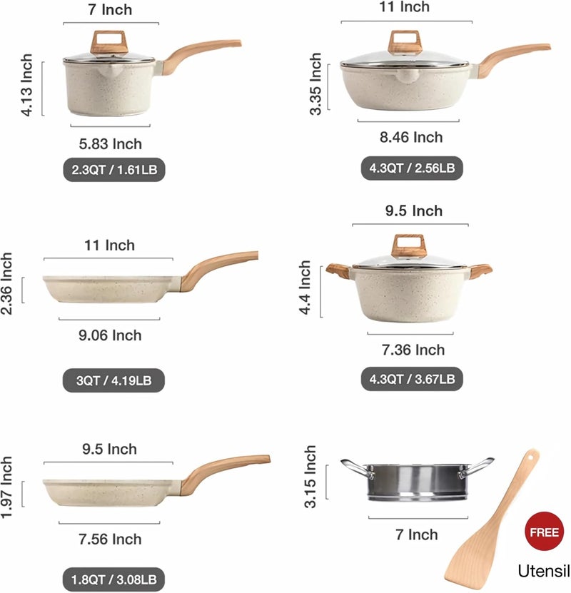 AoMige 10pcs Nonstick Pots and Pans Set,Kitchen Cookware Sets with Detachable Handle,Granite Induction Kitchen Cookware Set,Cooking Set with Frying Pans,Saucepans,Steamer,Wooden Shovel - Image 2