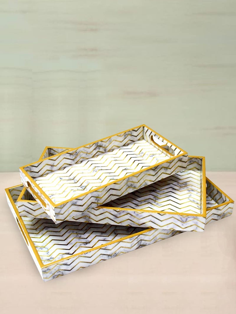Tranquil Square Wooden Serving Tray Set of 3, White and Gold - Image 1