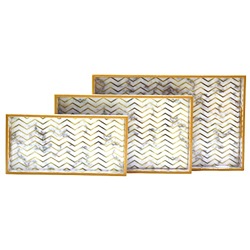 Tranquil Square Wooden Serving Tray Set of 3, White and Gold - Image 2