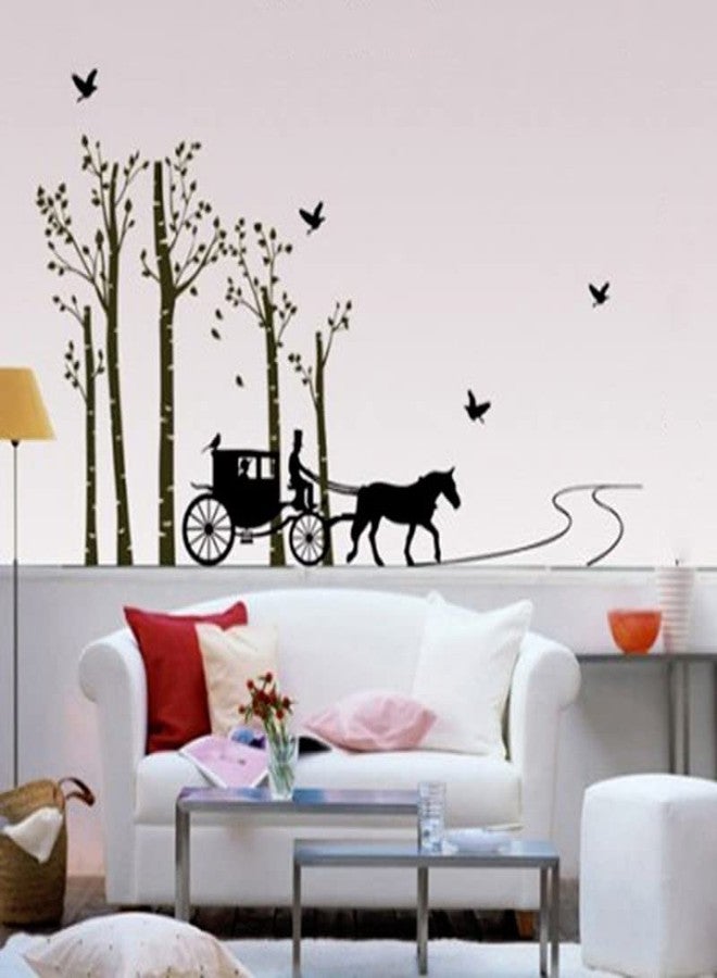 Byteon Horse Cart with Trees and Birds' Wall Sticker (PVC Vinyl, 90 cm x 60 cm)