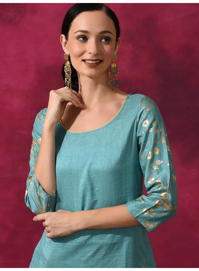 AKS Pastel Blue Foil Printed Straight Kurta With Palazzo Set