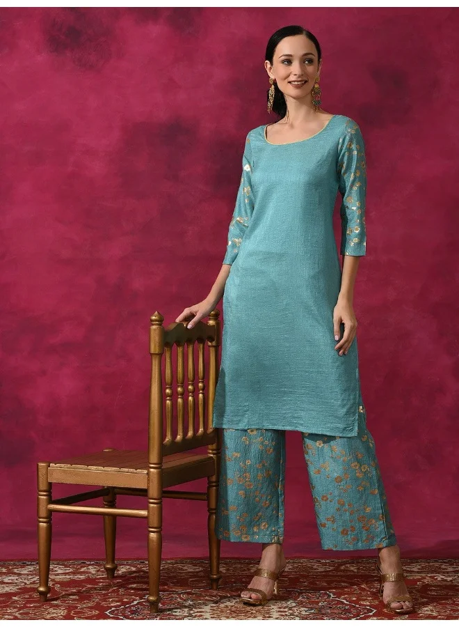 AKS Pastel Blue Foil Printed Straight Kurta With Palazzo Set