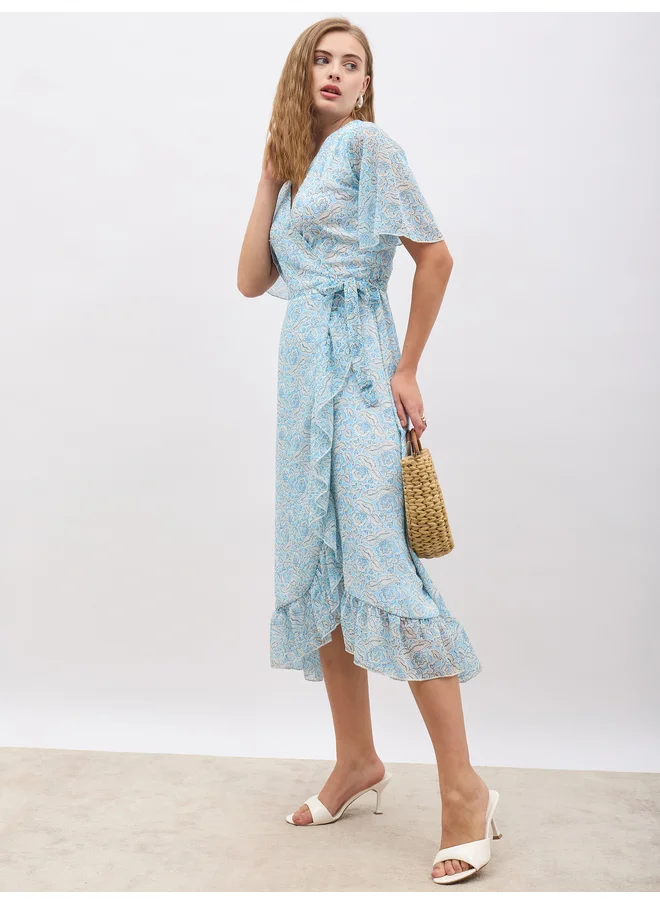 Styli Styli Floral Print V Neck Wrap Midi Dress with Ruffle Hem