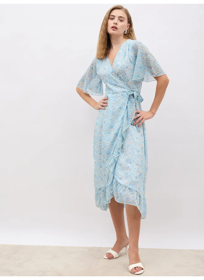 Styli Styli Floral Print V Neck Wrap Midi Dress with Ruffle Hem