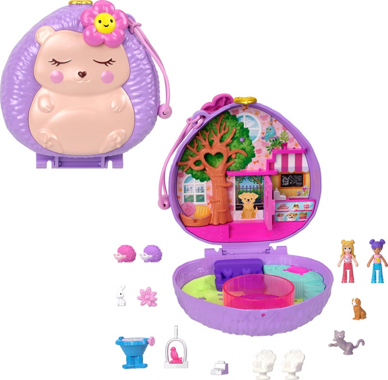 Polly Pocket مجموعة ألعاب بولي بوكيت، مقهى القنفذ المدمج مع دميتين صغيرتين و 10 ملحقات، لعبة سفر مع تصميم خارجي مريح - Image 1