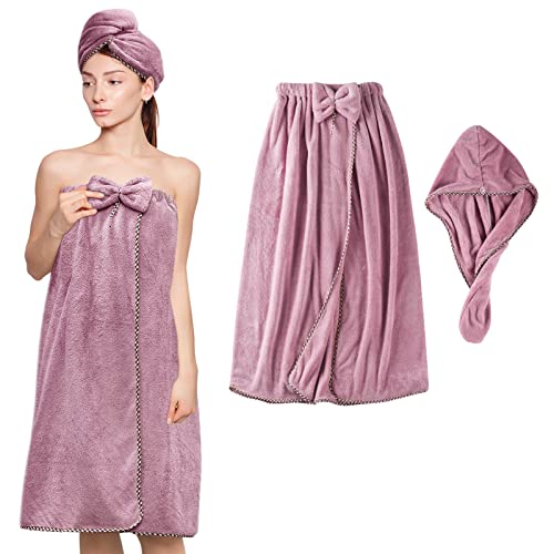 KOIKEY Women Microfiber Bath Towel Wrap - Adjustable Soft Body Wraps Dress with Hair Towel for Shower After Body and Head Cover, Super Absorbent to Quick Drying Hair and Body, Purple - Image 1