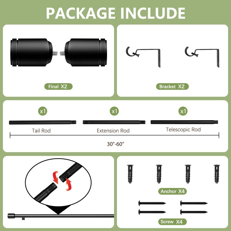 Edidonson 5/8â€ Diameter Curtain Rods 30-60 Inch, for 30-54 Inch Windows, Adjustable Splicing Black Curtain Rods for Windows with Brackets, Window Rod Long Small Curtains Rod - Image 3